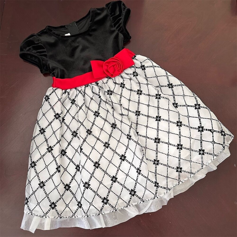 BONNIE BABY Girls White Black Velvet Flocked Organza Formal Dress w/Glitter 24mo